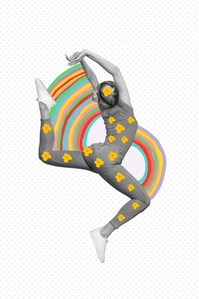 Fotografía Creativa Ilustraciones Gráficos Collage Enérgica Chica Joven Flexible Bailando —  Fotos de Stock