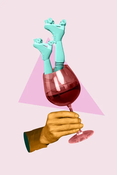手を保持ワイングラス若い女性の足棒ローラー乗馬パーティーハード週末の絵画の背景の創造的な抽象的なテンプレートのコラージュ — ストック写真