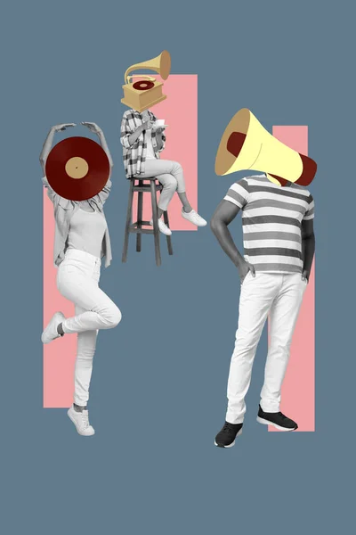 Creative Collage Artwork Poster Three Person Instruments Instead Head Relax — стоковое фото