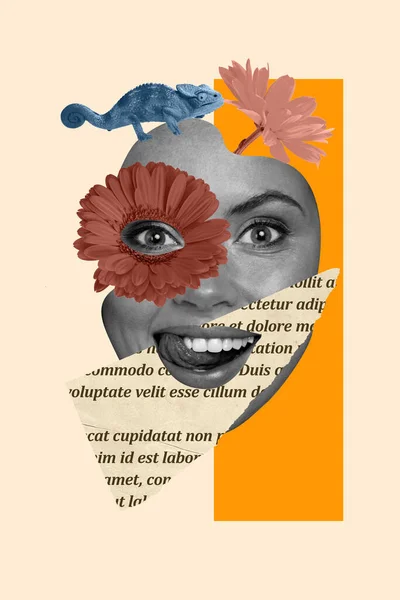 Vertikální Koláž Ilustrace Zblízka Portrét Krásná Pozitivní Žena Jazyk Lízat — Stock fotografie