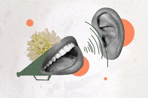 Composite Collage Bild Des Menschlichen Mundes Sprechen Erzählen Ohr Hören — Stockfoto