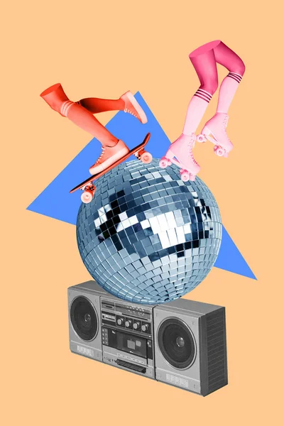 Vertikale Poster Collage Von Beinen Auf Skate Roll Discokugel Boombox — Stockfoto
