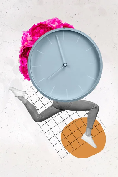 Verticale Collage Illustratie Van Klok Vrouwelijke Benen Lopen Springen Pioenroos — Stockfoto