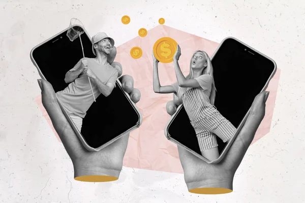 Templat Kolase Tangan Abstrak Kreatif Memegang Dua Ponsel Pintar Wanita — Stok Foto