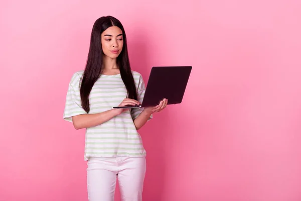 stock image Portrait of intelligent gorgeous malaysian lady hols use wireless netbook isolated on pink color background.