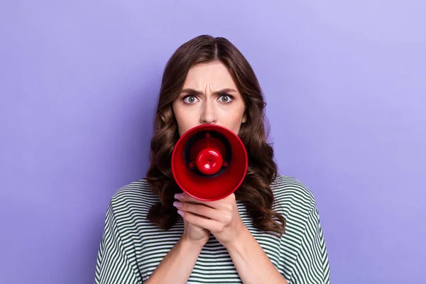 Stock image Photo of crazy lady anger give command executive scream bullhorn subordinate employees isolated on purple color background.