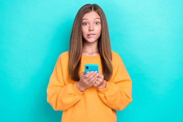 Photo Young Teenager Brown Hair Girl Wear Orange Sweatshirt Nervous — Stock Photo, Image
