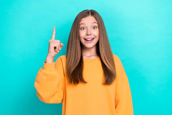 stock image Photo of young cute little teenager girl finger point up genius idea how get first place science competition isolated on cyan color background.