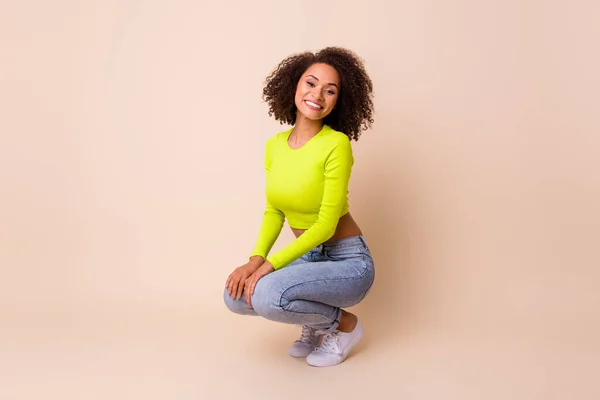 Full Body Photo Cute Young Lady Curly Hair Squat Crouch — Stock Photo, Image