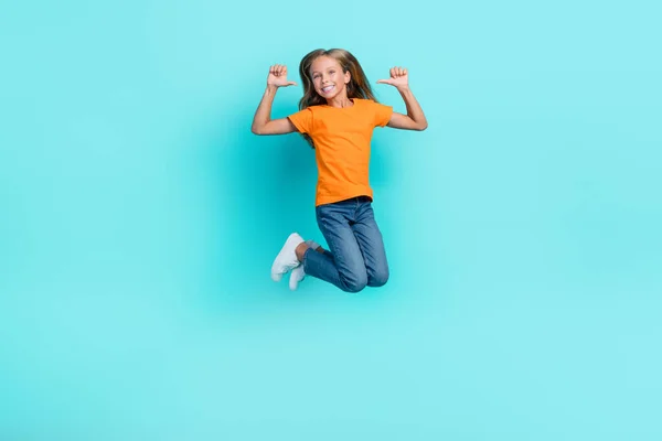 Full Body Length Photo Cute Little Pretty Schoolgirl Jumping Air — Fotografia de Stock