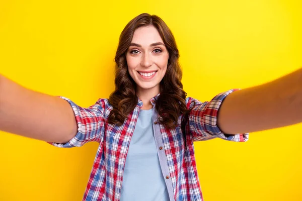 Closeup Selfie Photo Young Adorable Lady Wear Checkered Shirt Take — Stock Photo, Image