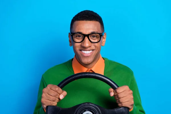 Photo Funny Positive Smiling Student Guy Wear Stylish Green Jumper — Stock Photo, Image