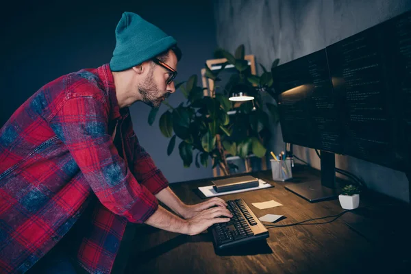 Photo Clever Busy Freelancer Wear Hat Glasses Typing Code Modern — Stock Photo, Image