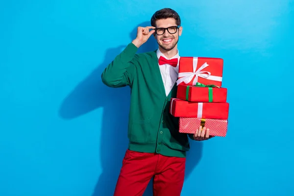 Photo Positive Stylish Man Guy Hold Pile Stack Gifts Enjoying — Stock Photo, Image