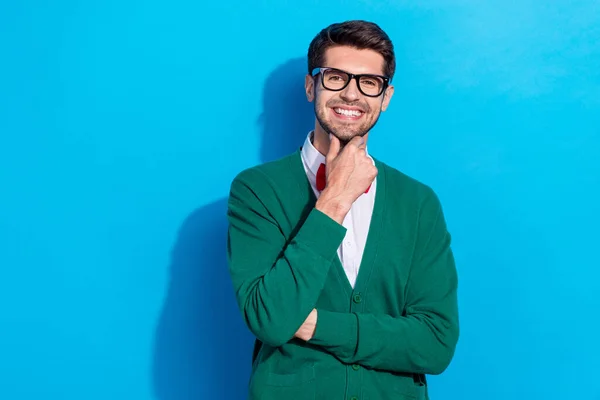 Foto Homem Positivo Alegre Usar Óculos Roupas Elegantes Tem Ideia — Fotografia de Stock