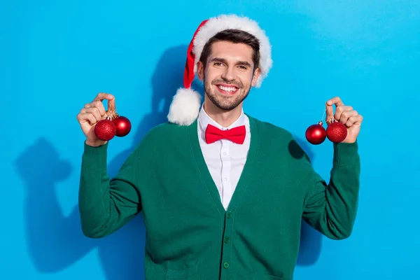 Photo Attractive Positive Man Hold Newyear Decor Rejoice Holiday Weekend — Stock Photo, Image