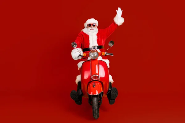 Portrait His Nice Funny Playful Childish Cheerful Cheery Santa Riding — Stock Photo, Image
