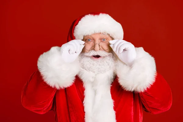 Portrait Astonished Santa Claus Impressed Mas Newyear Christmas Magic Miracle — Stock Photo, Image