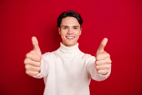 Closeup Photo Satisfied Brunet Hair Man Wear White Pullover Showing — Stock Photo, Image