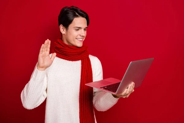 Photo Handsome Person Arm Palm Waving Video Call Wireless Netbook — Stock Photo, Image