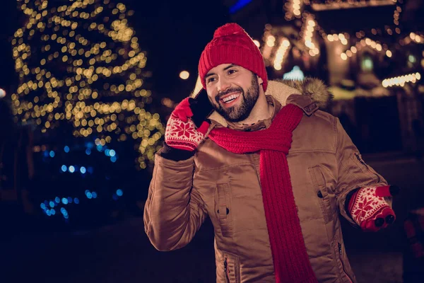 Portrait Cheerful Handsome Guy Speak Communicate Telephone Greeting Christmastime Buy — Stock Photo, Image