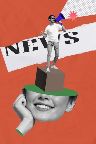 Composite Collage Image Woman Head Listen Curiously Man Megaphone Journalist — Stock Photo, Image