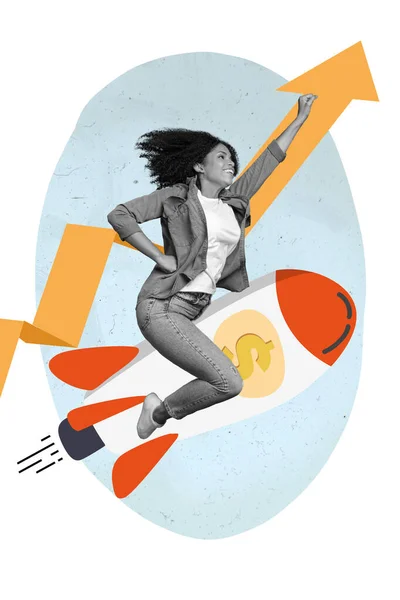 正の持続的な精力的なビジネス女性のトレーダーの垂直コラージュイラスト飛行ロケットドルサイン矢印アップショー株式 — ストック写真