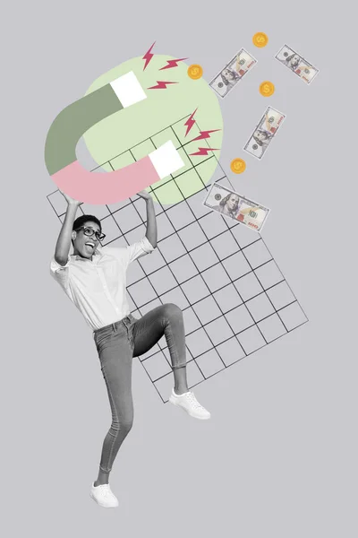 Verticale Panner Collage Van Vrouw Geld Toevoegen Zwart Wit Kleur — Stockfoto