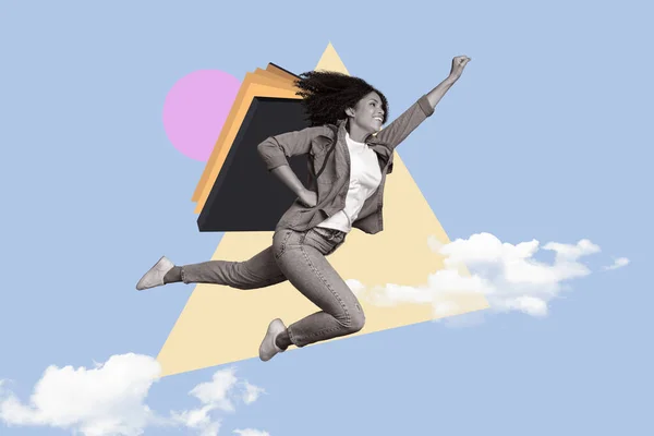 Colagem Cartaz Mulher Voar Com Livro Sobre Preto Branco Isolado — Fotografia de Stock