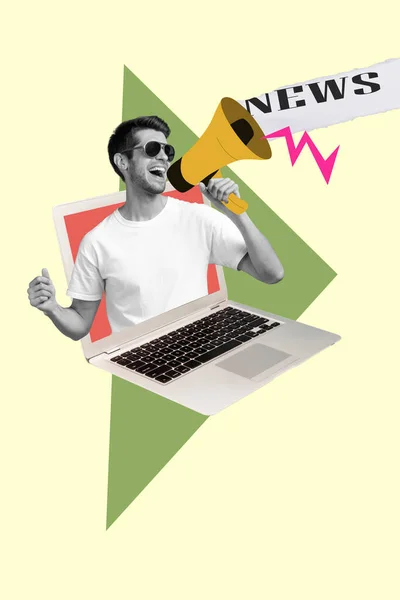 垂直海报拼贴的家伙说话从笔记本电脑孤立的绘画米色背景 — 图库照片
