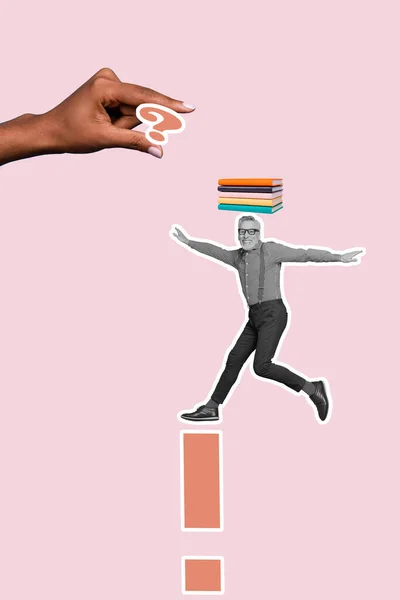 Colagem Foto Cartaz Inteligente Funky Velhice Sênior Saltando Trampolim Segurar — Fotografia de Stock