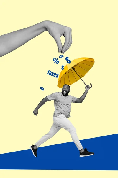 Genç Çılgın Işadamının Kolaj Fotoğrafı Posteri Kendini Kurtarmaya Çalışıyor Şemsiye — Stok fotoğraf