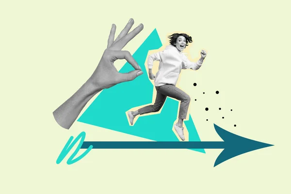 Creative collage picture of big arm fingers black white gamma demonstrate okey symbol mini girl running arrow indicator isolated on painted background.