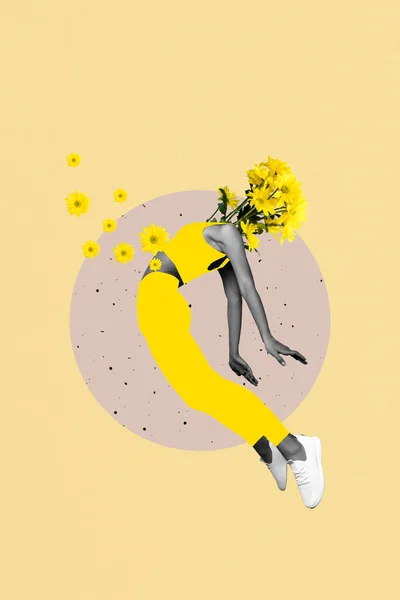Kreativt Foto Collage Kunstværk Postkort Plakat Underlige Yndefulde Person Blomster - Stock-foto