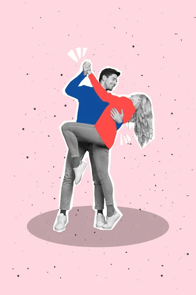 若いですカップルダンスのコラージュフォトバナー一緒に愛リズム音楽手一緒に興奮リラックスでナイトクラブピンク色の背景に孤立 — ストック写真