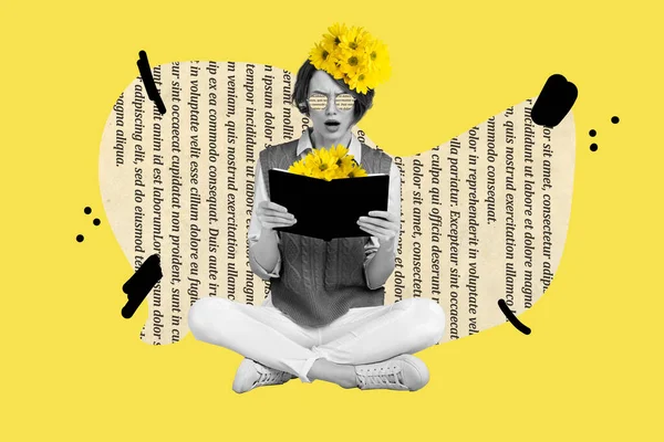 印象的な黒の白い色の女の子の創造的なコラージュ写真面白い本の花頭大きなテキストページ黄色の背景に孤立 — ストック写真
