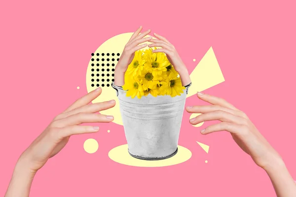 Kreative Collage Illustration Der Menschlichen Arme Mini Eimer Blumen Isoliert — Stockfoto