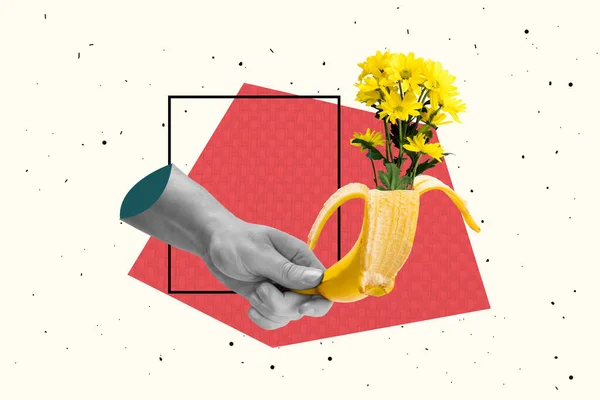 Collage Bild Svart Vit Färger Mänsklig Hand Hålla Banan Frukt — Stockfoto