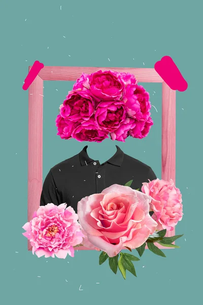 Collage Vertical Ilustración Marco Madera Retrato Hombre Camisa Flores Lugar — Foto de Stock