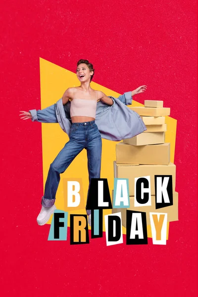 Vertical Collage Image Funny Excited Girl Enjoy Black Friday Proposition — Stock Photo, Image