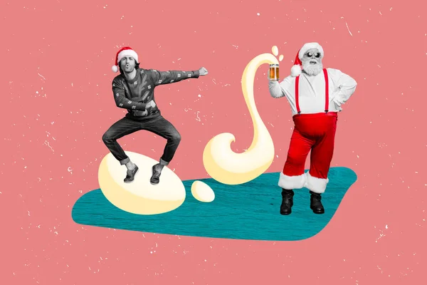 图片漫画素描拼贴图片时髦凉爽的圣诞圣塔爪助手享受啤酒隔离的绘画背景 — 图库照片