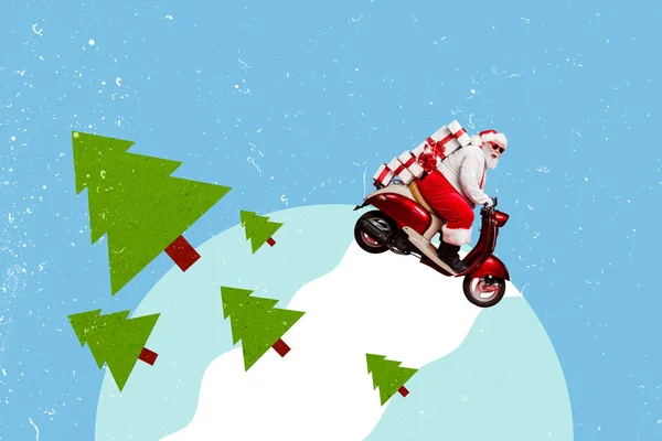 Fotoğraf Kolajı Noel Baba Moped Sürücüsünün Izole Edilmiş Çizim Arkaplanı — Stok fotoğraf