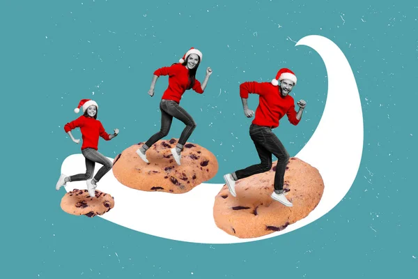 3D复古抽象创作艺术模板拼贴滑稽的圣塔爪助手步行圣诞巧克力小吃孤立的绘画背景 — 图库照片