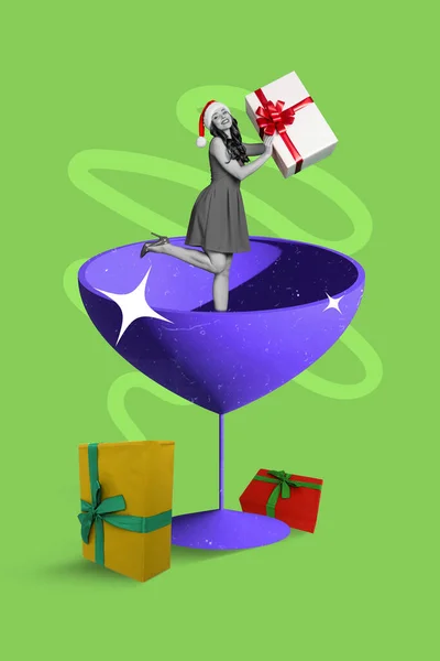 Collage 3d image of pinup pop retro sketch of smiling excited lady holding xmas gift inside wine cocktail glass isolated painting background.