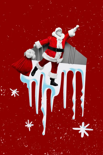 Коллаж Графика Графика Картина Возбужденный Фанки Санта Клаус Летающий Воздух — стоковое фото