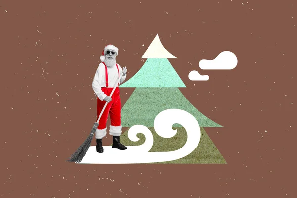Artwork magazine collage picture of smiling x-mas santa cleaning snow isolated drawing background.