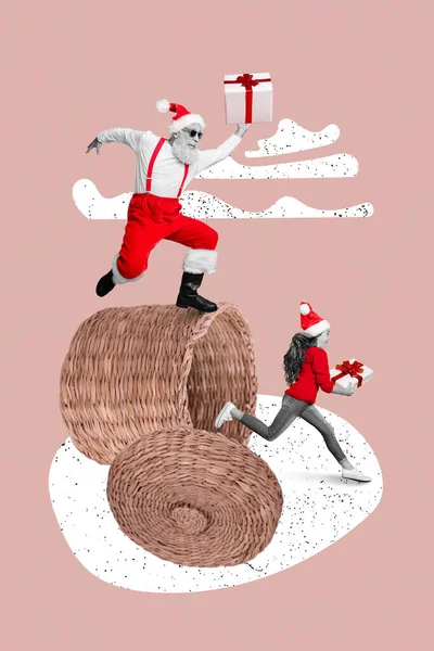 Criativo Retro Revista Colagem Imagem Funky Santa Assistente Entregando Xmas — Fotografia de Stock