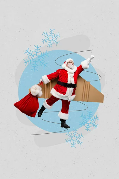 Creative Retro Magazine Collage Image Funky Santa Claus Hurrying Delivering — Stock Photo, Image