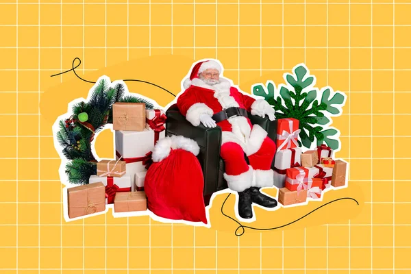 Foto Collage Konstverk Minimal Bild Leende Tomten Förbereder Jul Presenterar — Stockfoto