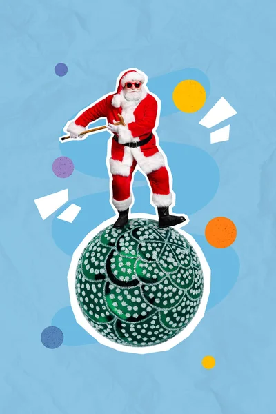 Creative retro 3d magazine collage image of cool funky santa claus dancing xmas ball isolated painting background.